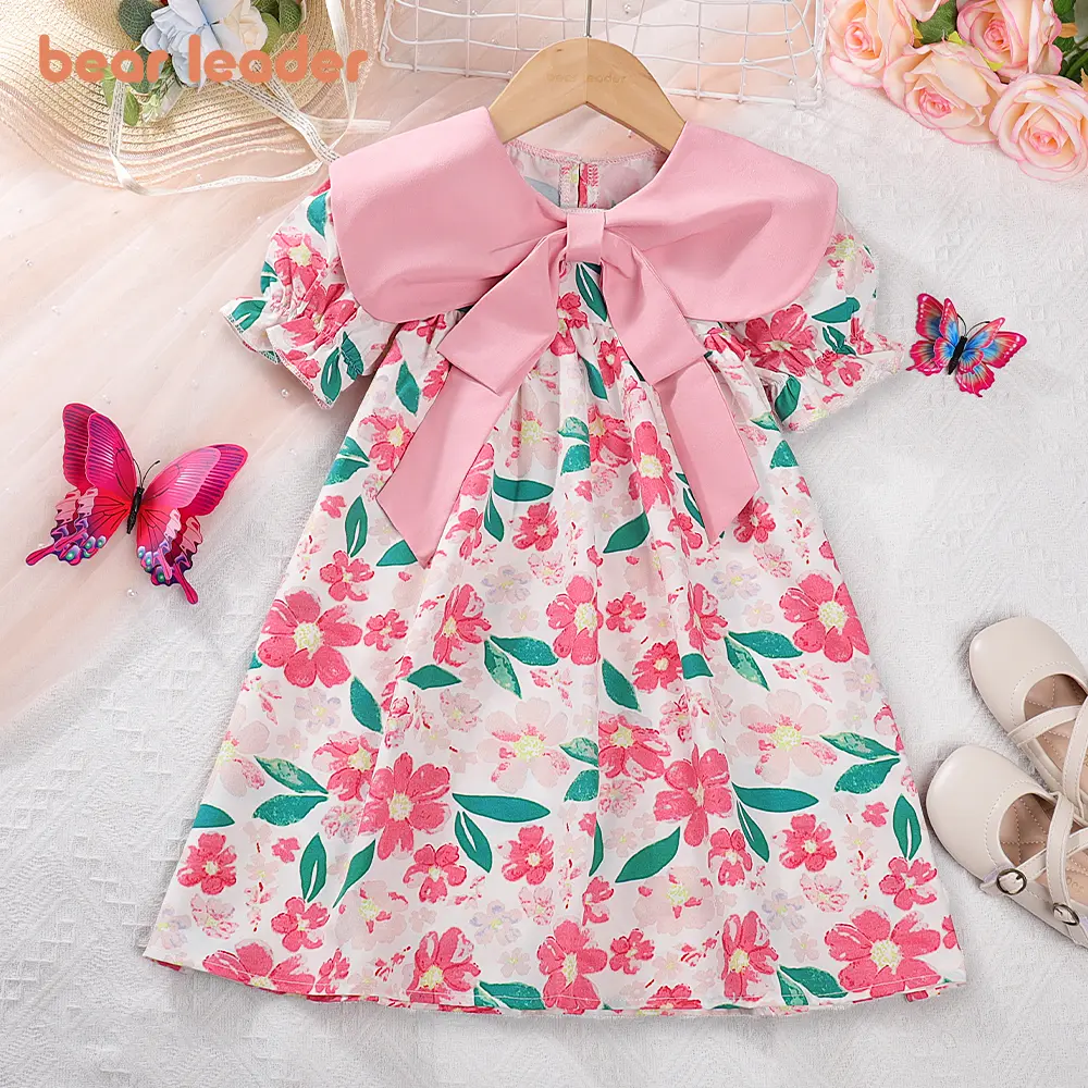 Bear Leader Korean Children's Girls' Dress Flip Neck Bow Flower Print Bubble Sleeve Dress Children's Fashion Girls' Dress