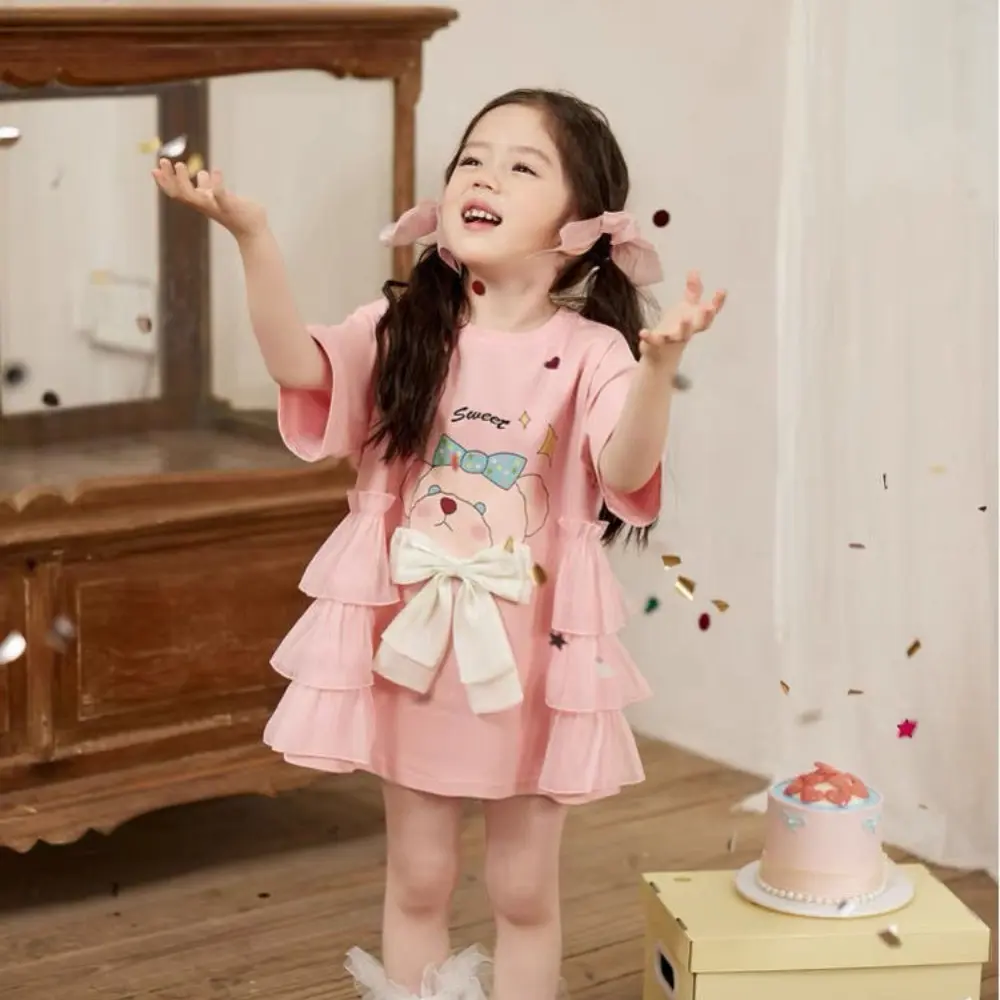 Bear Leader Summer New Girls Casual Dresses Cartoon Rabbit Print Bow Short Sleeved Kids Dress Sweet and Cute Children's Clothing