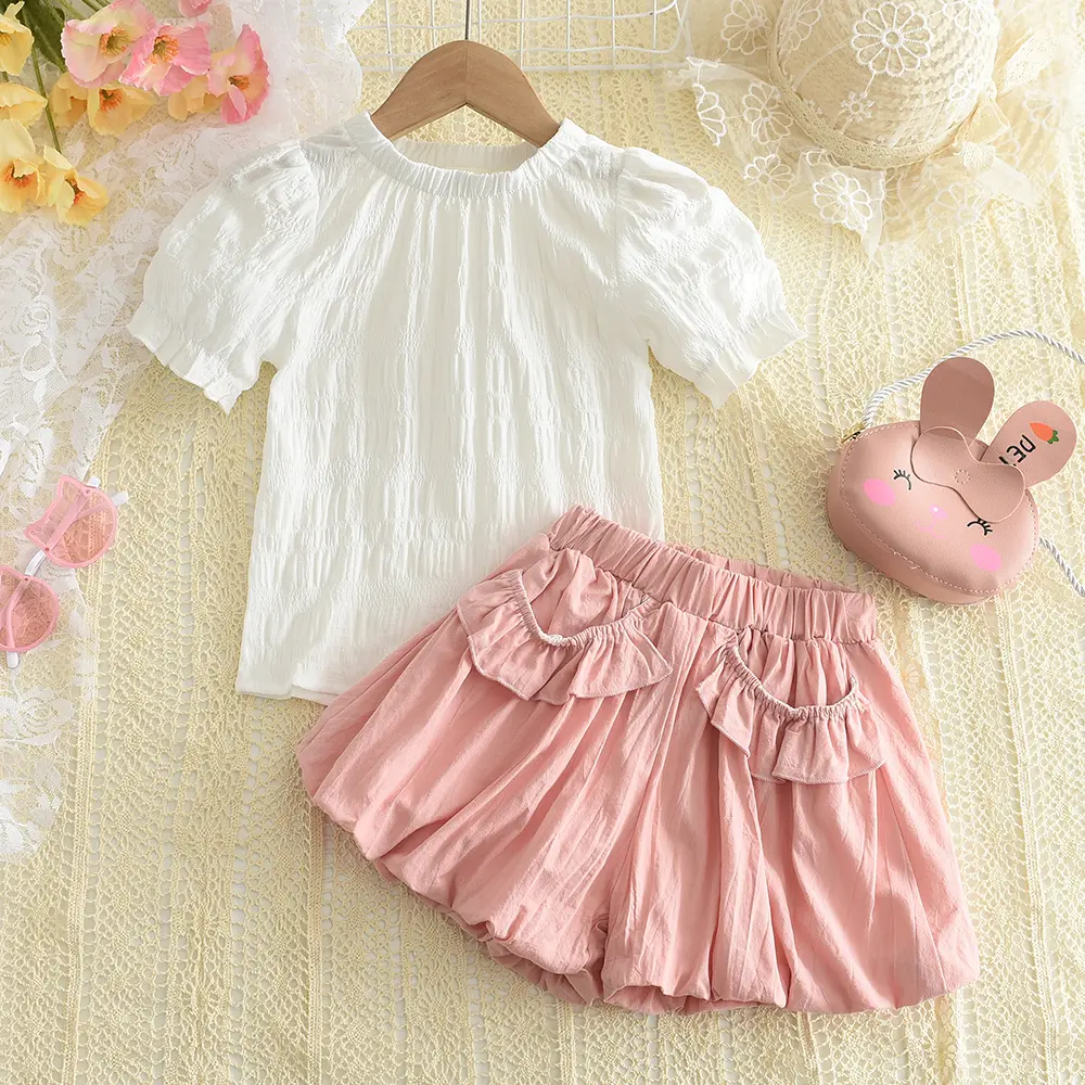 Bear Leader 2024 new summer girls set children's white pleated top+pink ruffled shorts set children's fashionable casual set