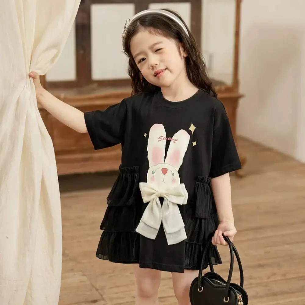Bear Leader Summer New Girls Casual Dresses Cartoon Rabbit Print Bow Short Sleeved Kids Dress Sweet and Cute Children's Clothing