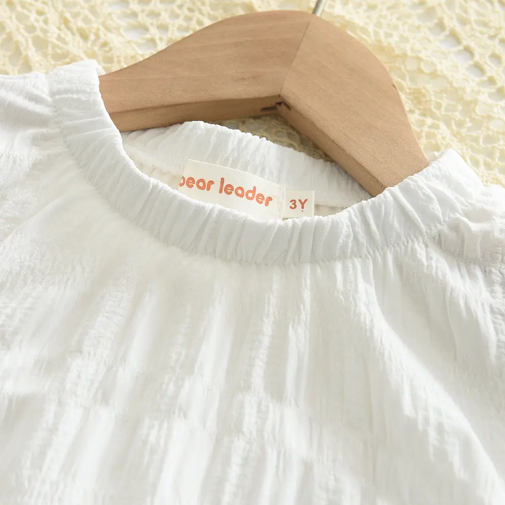 Bear Leader 2024 new summer girls set children's white pleated top+pink ruffled shorts set children's fashionable casual set