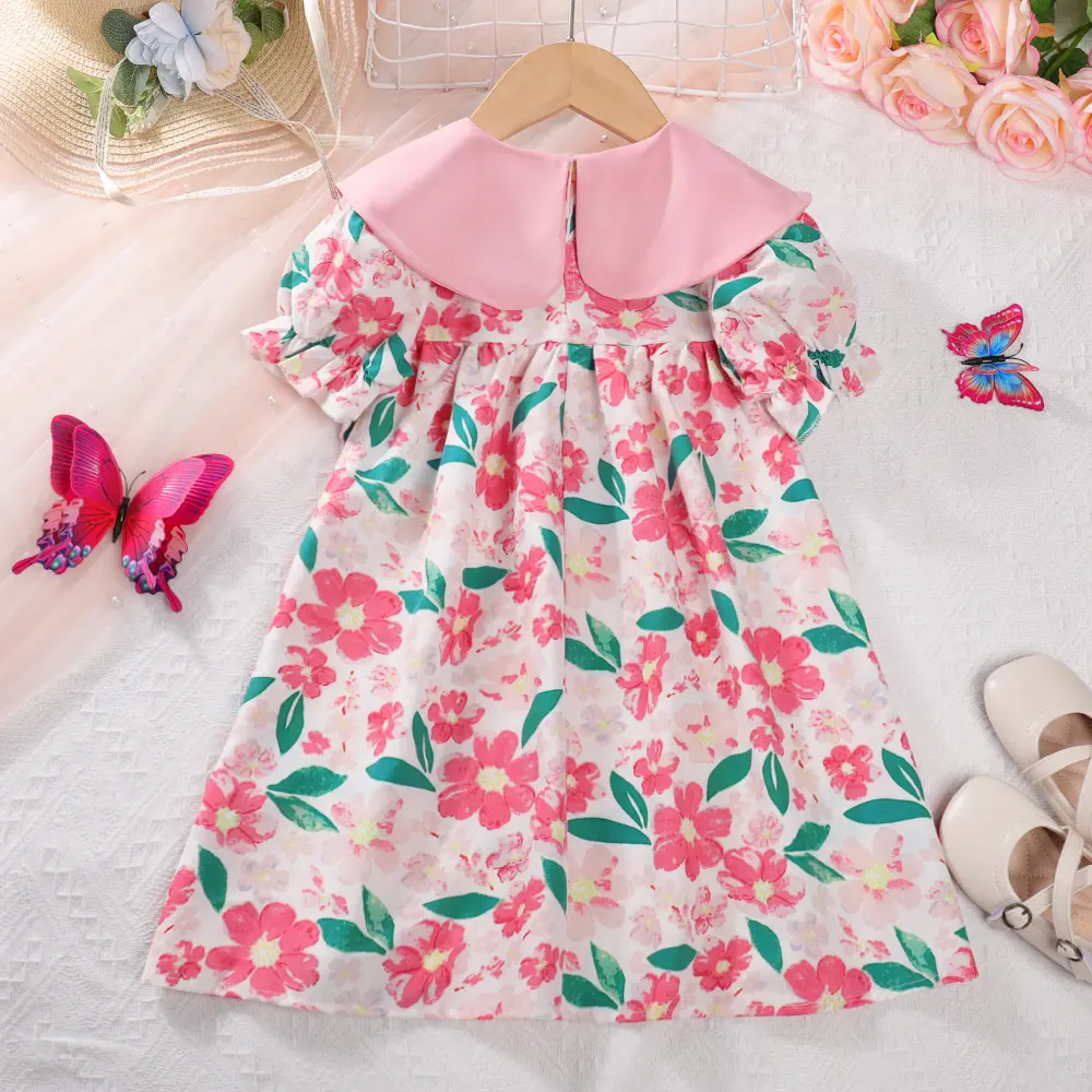 Bear Leader Korean Children's Girls' Dress Flip Neck Bow Flower Print Bubble Sleeve Dress Children's Fashion Girls' Dress