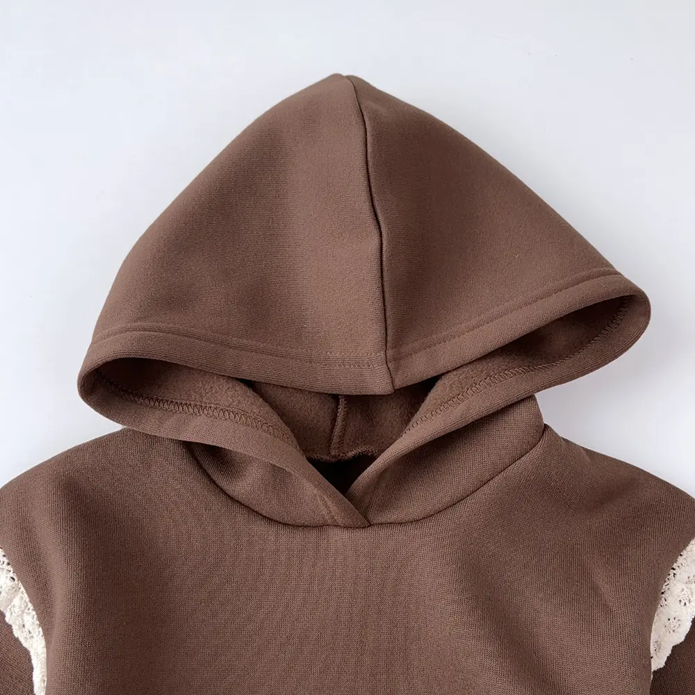 Bear Leader 2024 Autumn and Winter New Girls' Clothing Set Thick Brown Hooded Sweatshirt with Lace Hem and Pants 2P Clothing Set