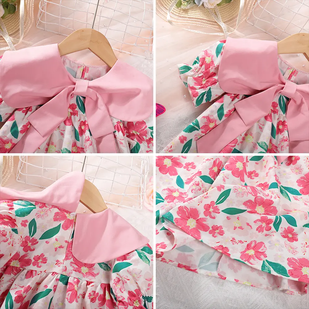 Bear Leader Korean Children's Girls' Dress Flip Neck Bow Flower Print Bubble Sleeve Dress Children's Fashion Girls' Dress