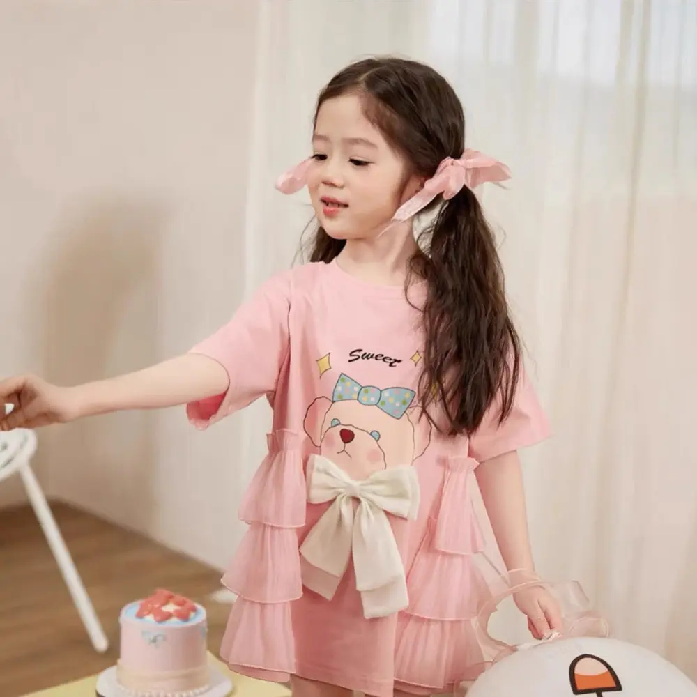 Bear Leader Summer New Girls Casual Dresses Cartoon Rabbit Print Bow Short Sleeved Kids Dress Sweet and Cute Children's Clothing