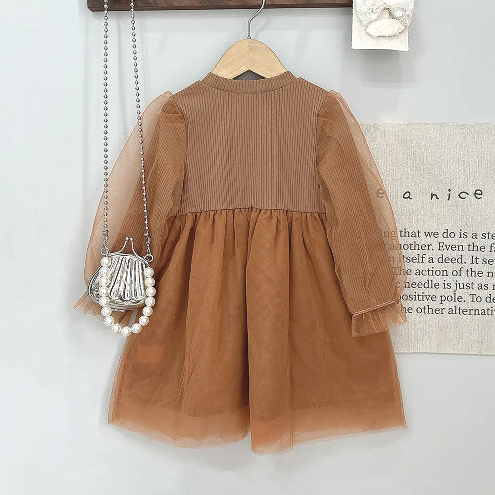 Bear Leader Korean Version Autumn Girls' Clothing Khaki Long Sleeved Kids Dresses with Flower Splicing Mesh Princess Dress