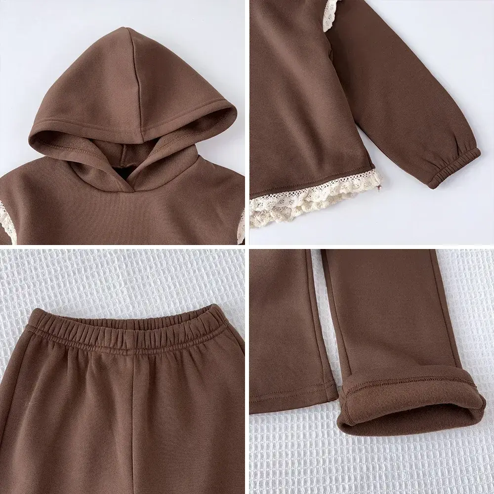 Bear Leader 2024 Autumn and Winter New Girls' Clothing Set Thick Brown Hooded Sweatshirt with Lace Hem and Pants 2P Clothing Set
