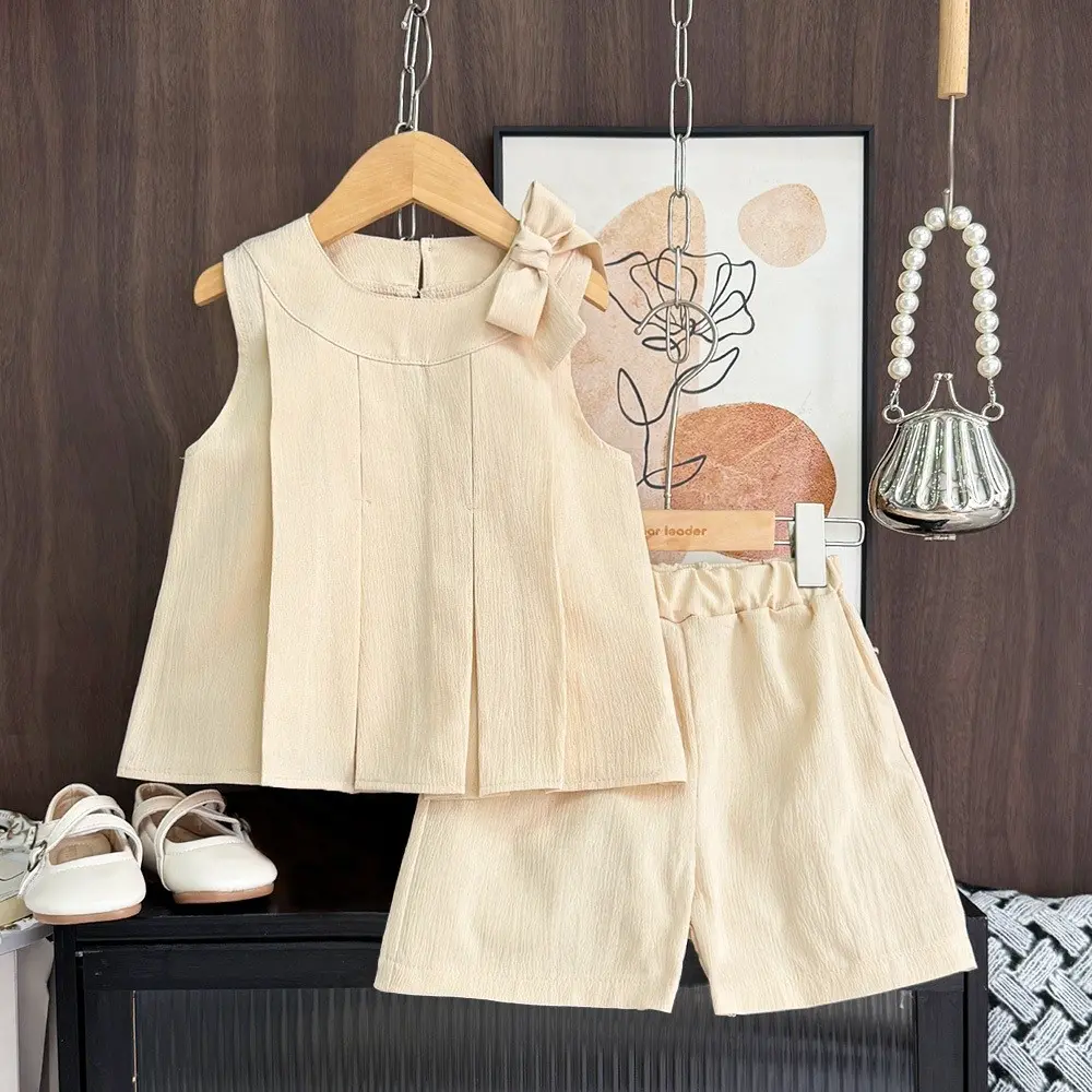 Bear Leader Bow Decoration Fashion Outfits Summer Sleeveless Top+Shorts 2Pcs Sets Easter Sweet Solid Color Ruffle Girls Clothes
