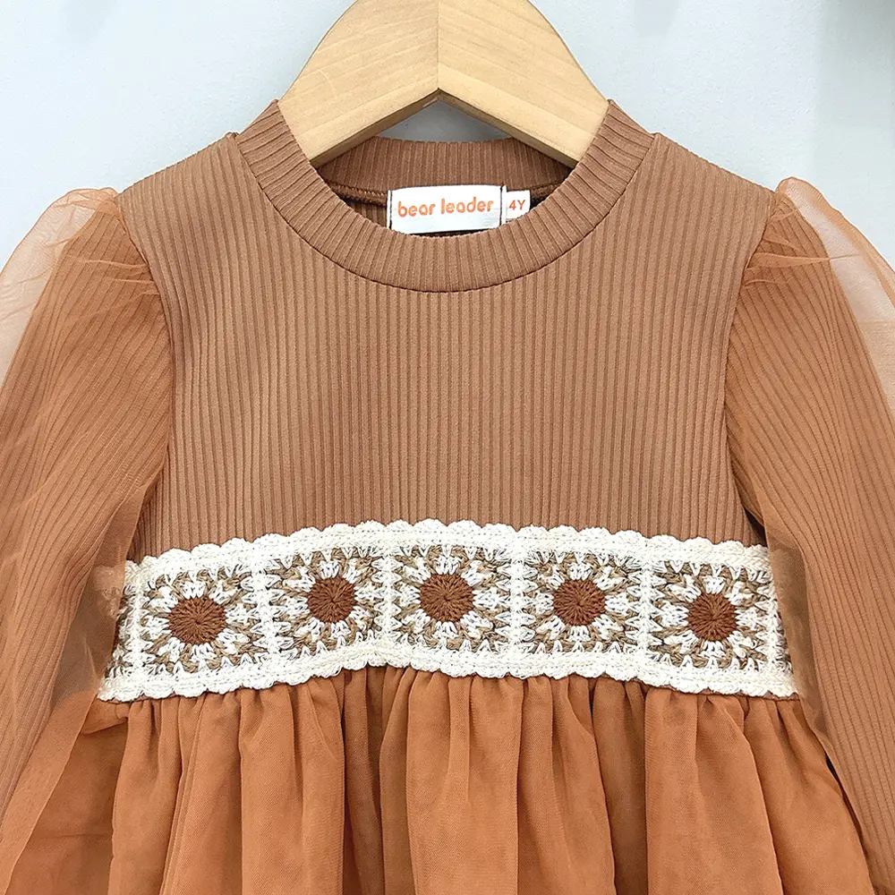 Bear Leader Korean Version Autumn Girls' Clothing Khaki Long Sleeved Kids Dresses with Flower Splicing Mesh Princess Dress