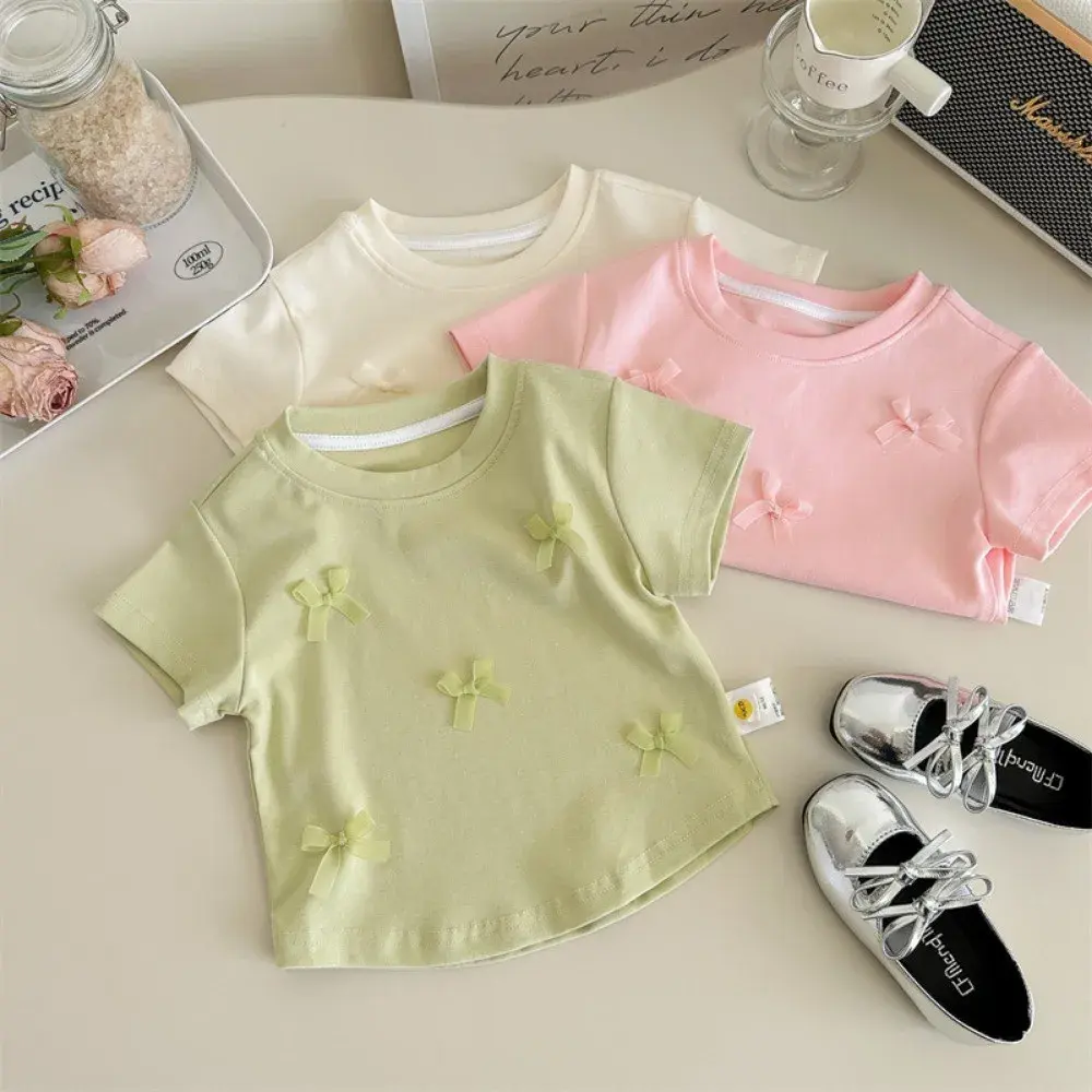 Bear Leader Korean version Plain Girls Clothes Summer Short Sleeved Bow Kids T-shirt Top Fashionable Casual Children's Clothing