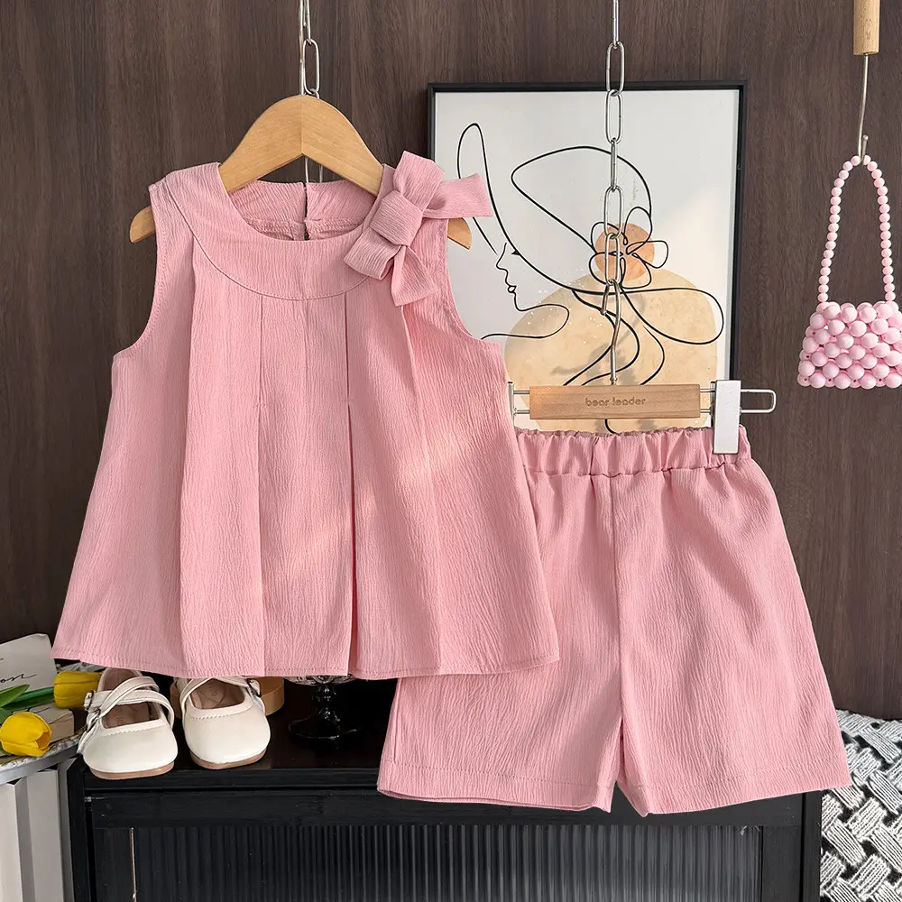 Bear Leader Bow Decoration Fashion Outfits Summer Sleeveless Top+Shorts 2Pcs Sets Easter Sweet Solid Color Ruffle Girls Clothes