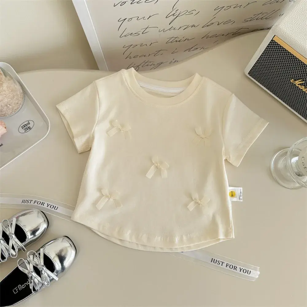 Bear Leader Korean version Plain Girls Clothes Summer Short Sleeved Bow Kids T-shirt Top Fashionable Casual Children's Clothing