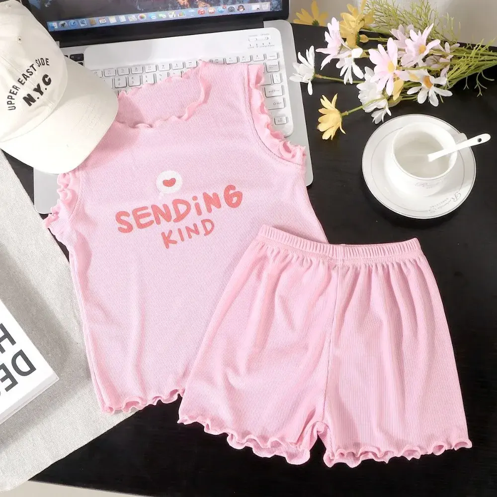 Bear Leader Summer New Children's Home Clothing Solid Color Casual Girls Clothes Lace Sleeveless Top + Shorts Two Piece Set