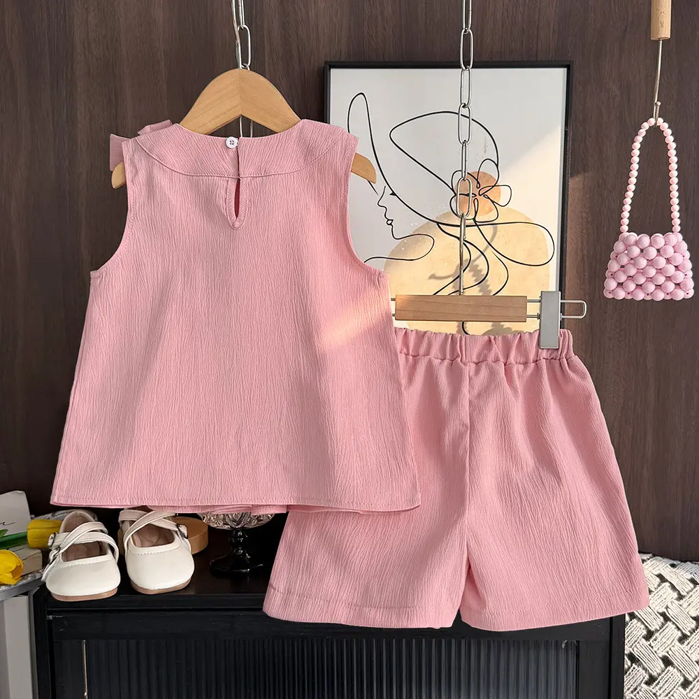Bear Leader Bow Decoration Fashion Outfits Summer Sleeveless Top+Shorts 2Pcs Sets Easter Sweet Solid Color Ruffle Girls Clothes