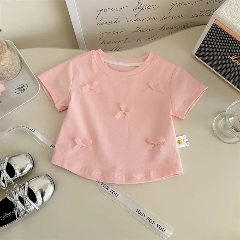 Bear Leader Korean version Plain Girls Clothes Summer Short Sleeved Bow Kids T-shirt Top Fashionable Casual Children's Clothing