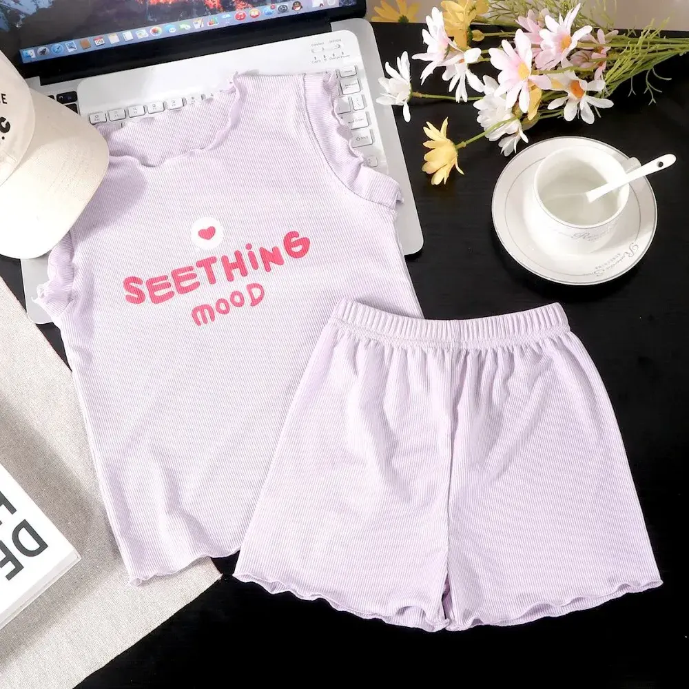 Bear Leader Summer New Children's Home Clothing Solid Color Casual Girls Clothes Lace Sleeveless Top + Shorts Two Piece Set