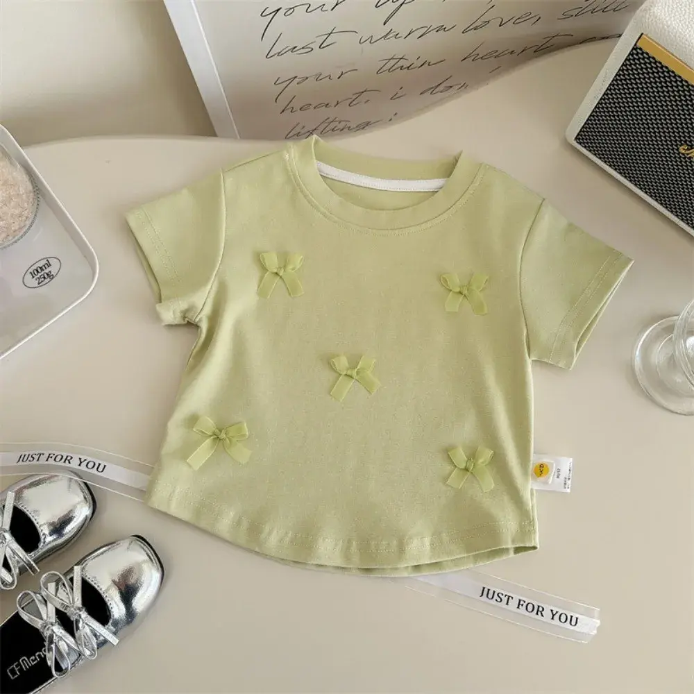 Bear Leader Korean version Plain Girls Clothes Summer Short Sleeved Bow Kids T-shirt Top Fashionable Casual Children's Clothing