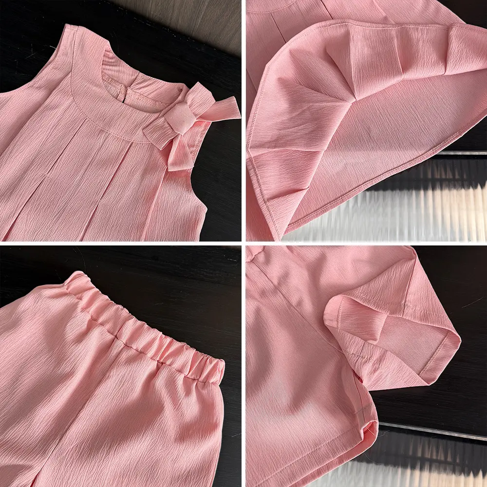 Bear Leader Bow Decoration Fashion Outfits Summer Sleeveless Top+Shorts 2Pcs Sets Easter Sweet Solid Color Ruffle Girls Clothes