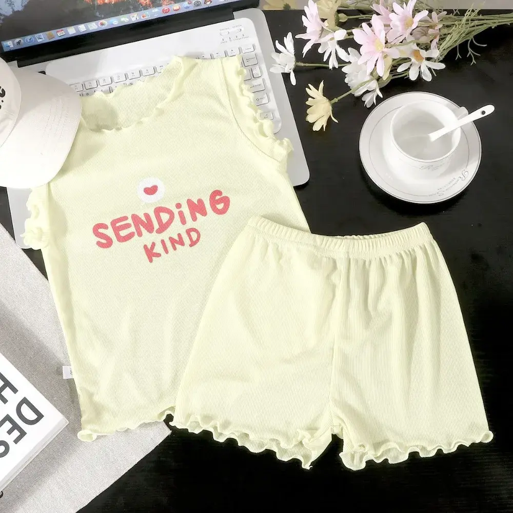Bear Leader Summer New Children's Home Clothing Solid Color Casual Girls Clothes Lace Sleeveless Top + Shorts Two Piece Set