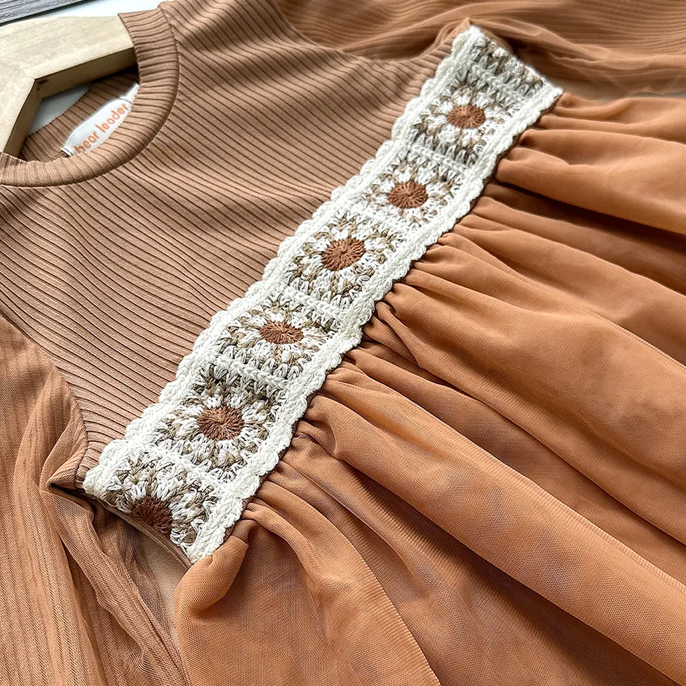 Bear Leader Korean Version Autumn Girls' Clothing Khaki Long Sleeved Kids Dresses with Flower Splicing Mesh Princess Dress