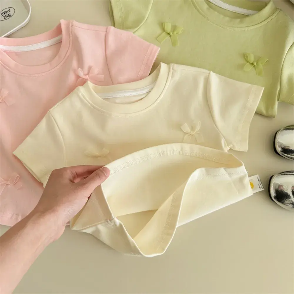 Bear Leader Korean version Plain Girls Clothes Summer Short Sleeved Bow Kids T-shirt Top Fashionable Casual Children's Clothing