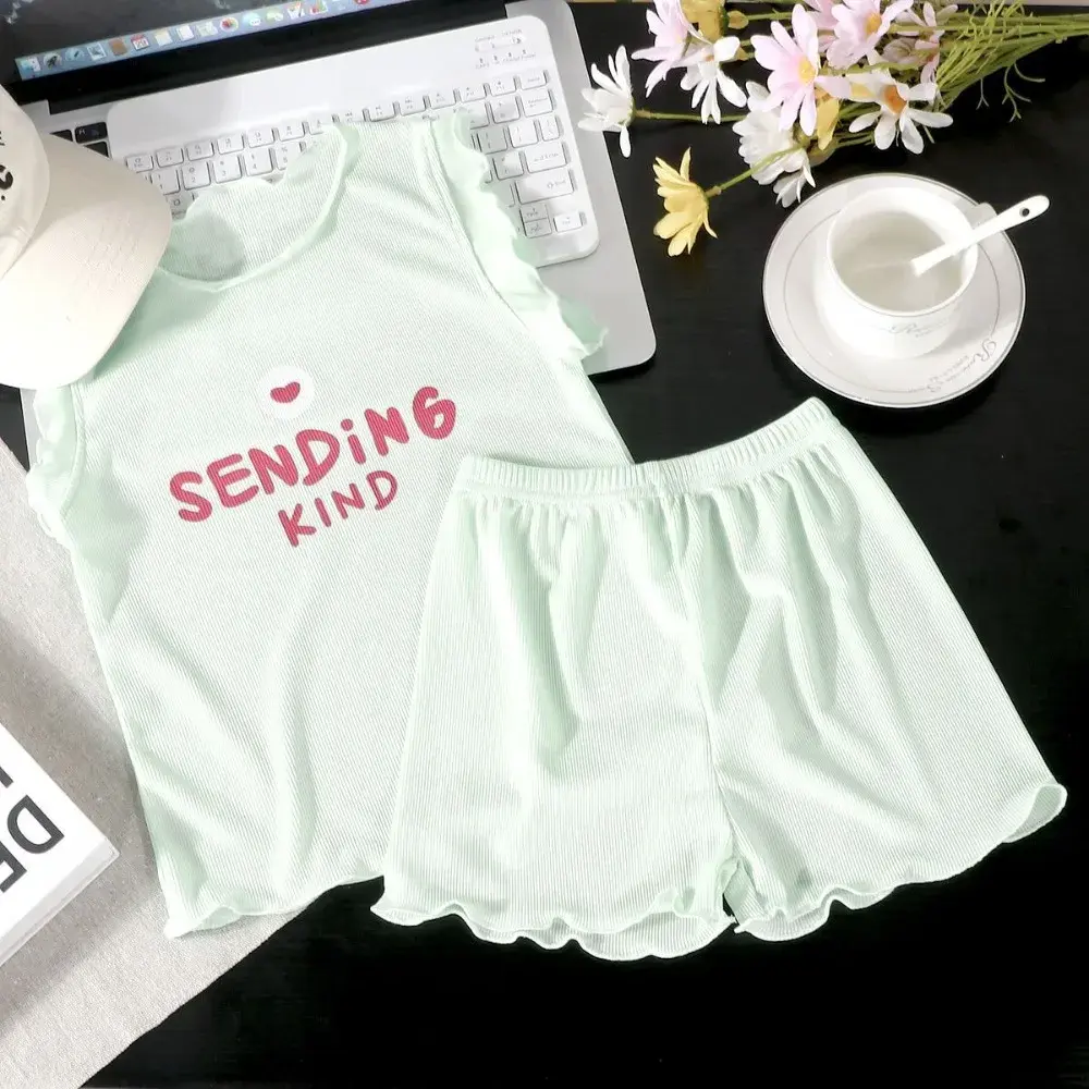 Bear Leader Summer New Children's Home Clothing Solid Color Casual Girls Clothes Lace Sleeveless Top + Shorts Two Piece Set