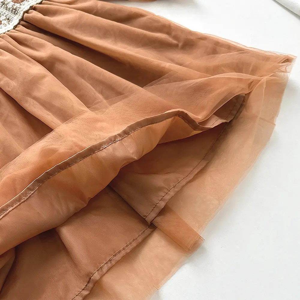 Bear Leader Korean Version Autumn Girls' Clothing Khaki Long Sleeved Kids Dresses with Flower Splicing Mesh Princess Dress