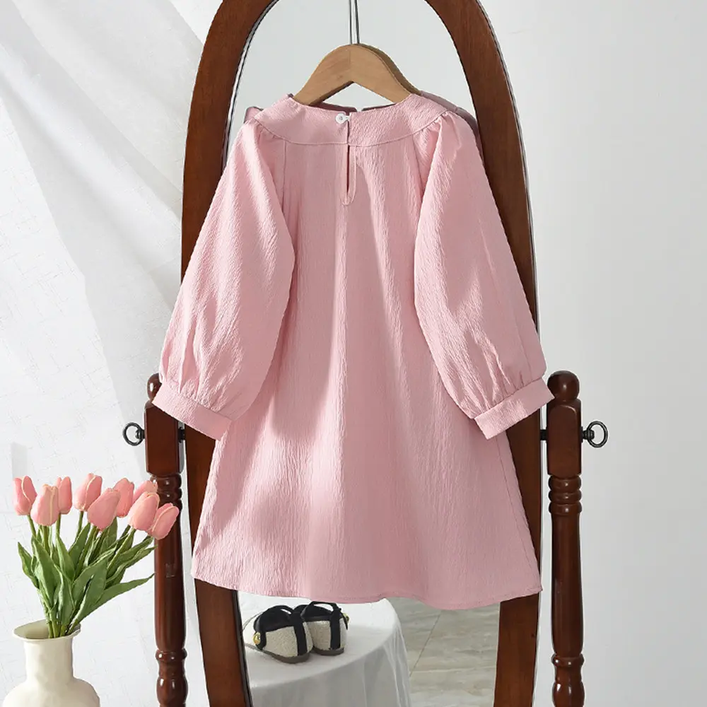 Bear Leader Autumn Pink Sweet and Cute Princess Dresses Korean Edition Fashion Solid Color Bow Decoration Kids Casual Dress