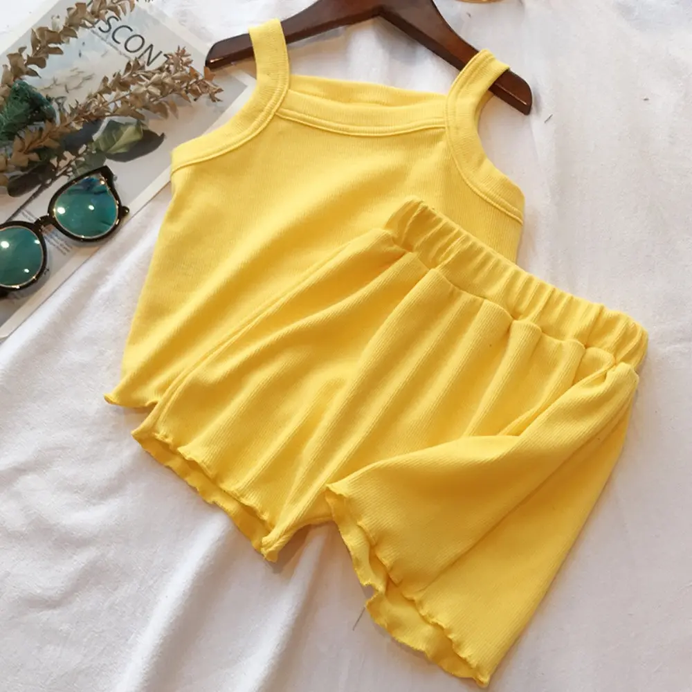 Bear Leader Solid Color Baby Girl Set Summer Korean Version Plain Sleeveless Camisole Top+Shorts Two-piece Set Casual Kids Wear