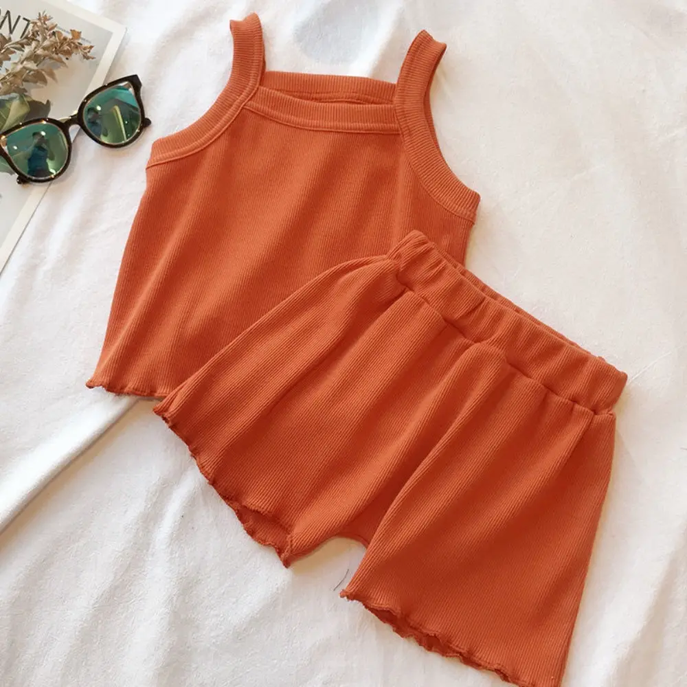 Bear Leader Solid Color Baby Girl Set Summer Korean Version Plain Sleeveless Camisole Top+Shorts Two-piece Set Casual Kids Wear