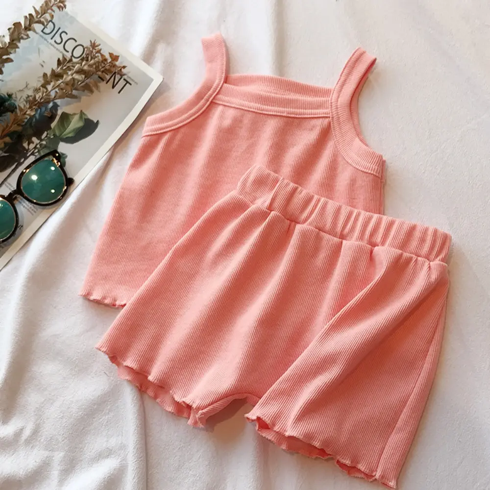 Bear Leader Solid Color Baby Girl Set Summer Korean Version Plain Sleeveless Camisole Top+Shorts Two-piece Set Casual Kids Wear