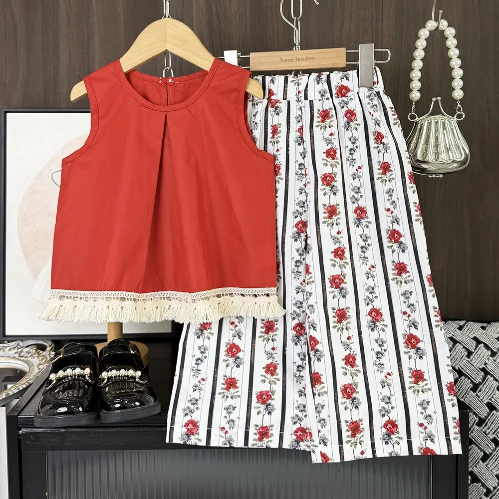 Bear Leader Summer Casual Girls Clothes Korean Version Simple Children's Clothing Red Sleeveless Tassel Top+Flower Print Pants