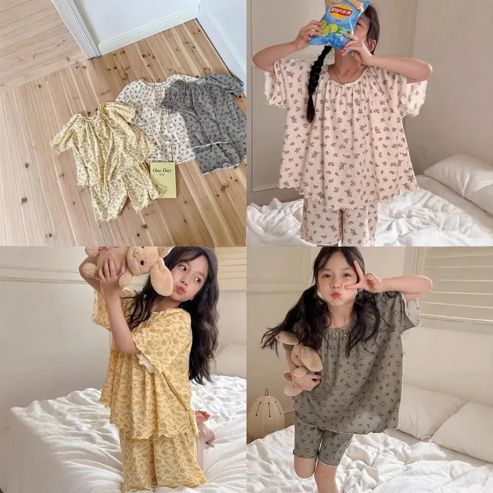 Bear Leader 7-13 Years Summer New Floral Short Sleeved Round Neck Top+Shorts Home Suit Korean Version Plain Color Girls Clothes