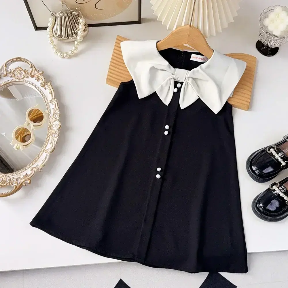 Bear Leader Summer Toddler Dress Fashion Elegant Pink Children's Wear Bow Collar Button Decoration Sleeveless Baby Girl Dresses