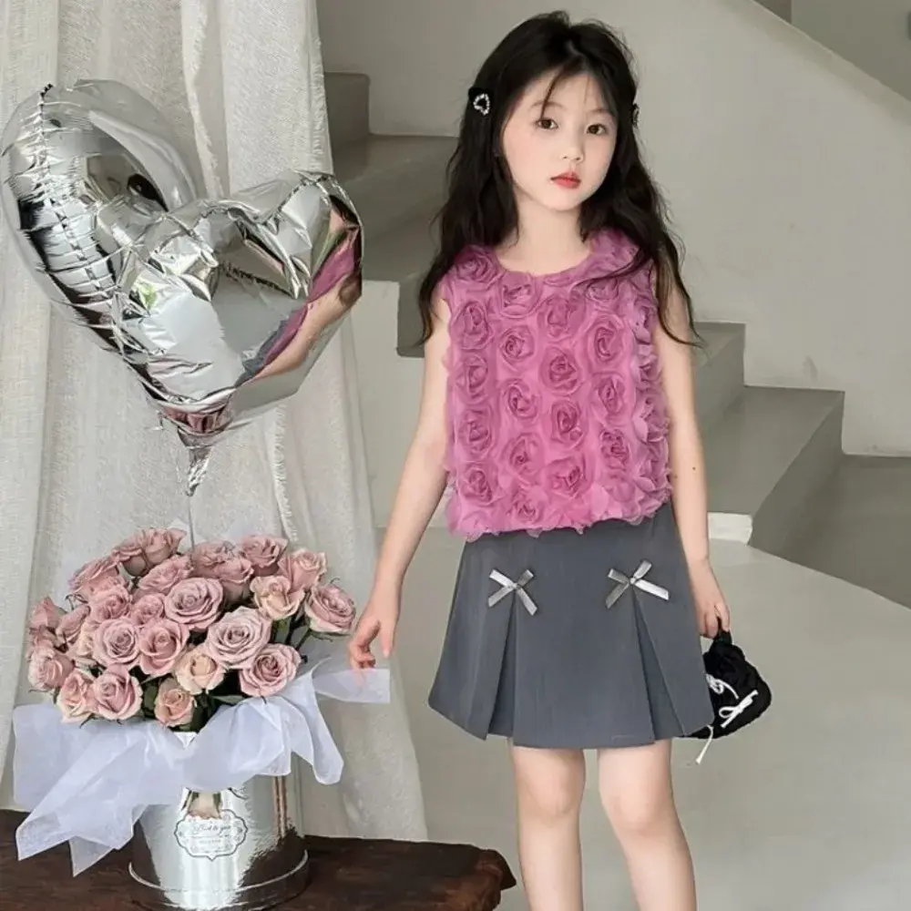 Bear Leader Summer New Girls Round Neck Sleeveless 3D Flower Bud Top+Bow Pleated Skirt 2-piece Set Korean Version Kids Clothes