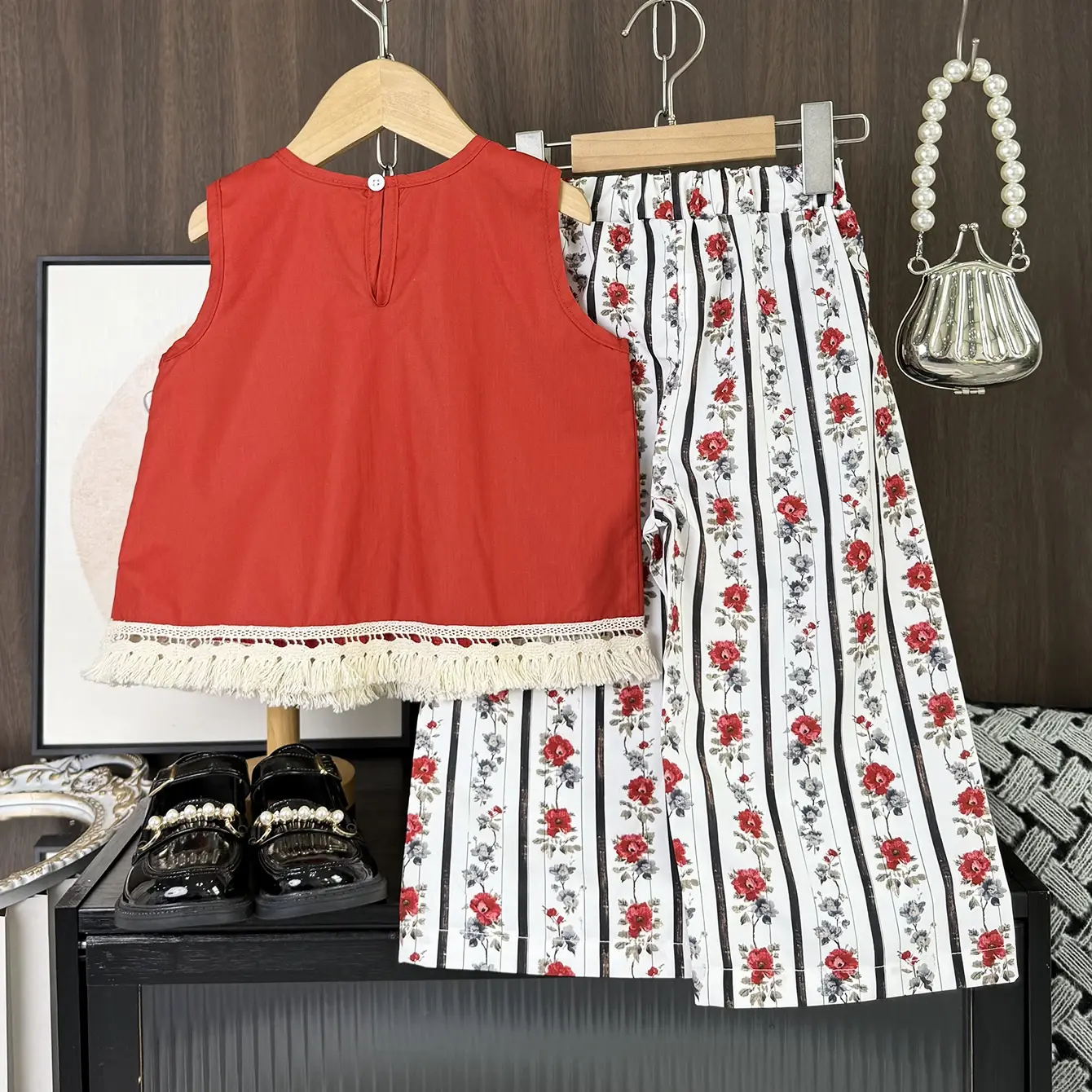 Bear Leader Summer Casual Girls Clothes Korean Version Simple Children's Clothing Red Sleeveless Tassel Top+Flower Print Pants
