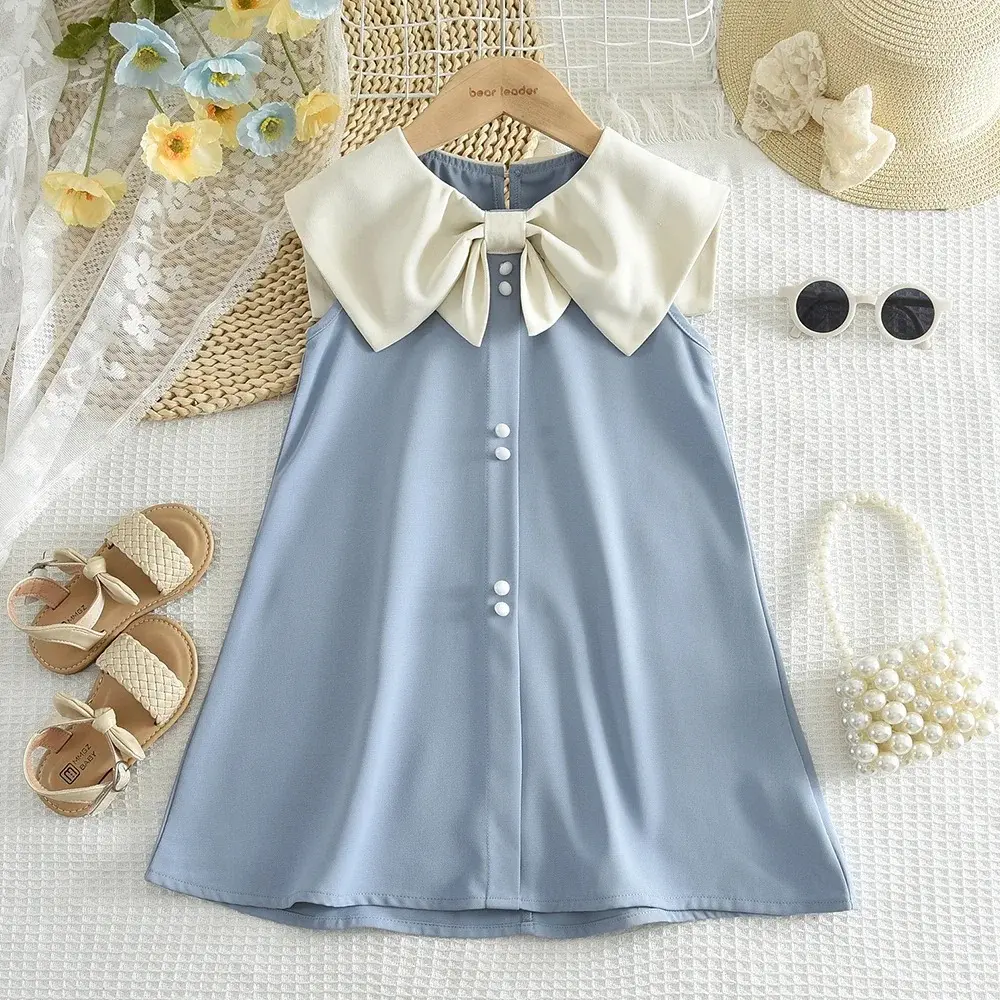 Bear Leader Summer Toddler Dress Fashion Elegant Pink Children's Wear Bow Collar Button Decoration Sleeveless Baby Girl Dresses