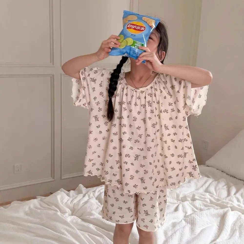 Bear Leader 7-13 Years Summer New Floral Short Sleeved Round Neck Top+Shorts Home Suit Korean Version Plain Color Girls Clothes