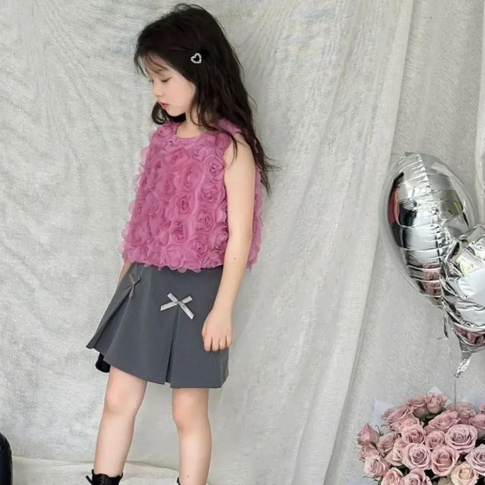 Bear Leader Summer New Girls Round Neck Sleeveless 3D Flower Bud Top+Bow Pleated Skirt 2-piece Set Korean Version Kids Clothes
