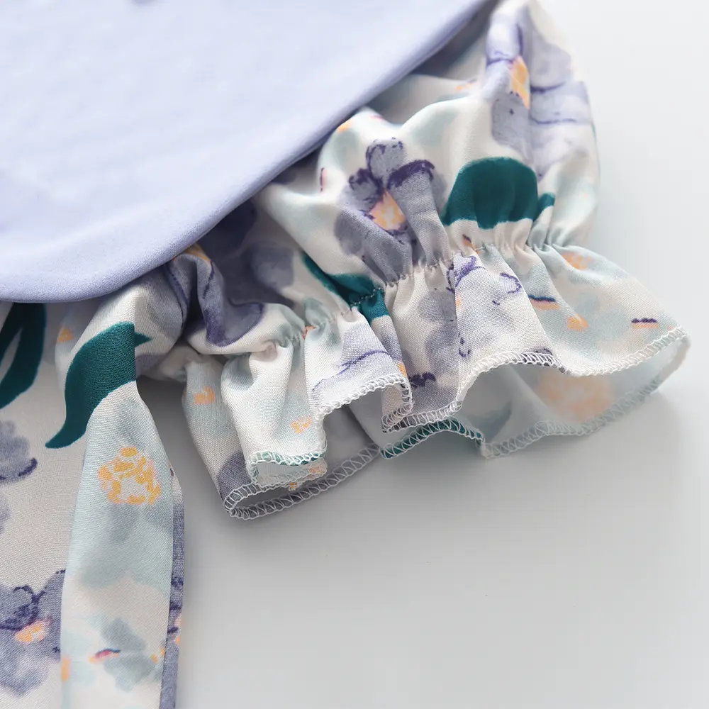 Bear Leader Summer Purple Elegant Girls Casual Dresses Flower Print Lapel Short Sleeved Kids Dress Plain Children's Clothing