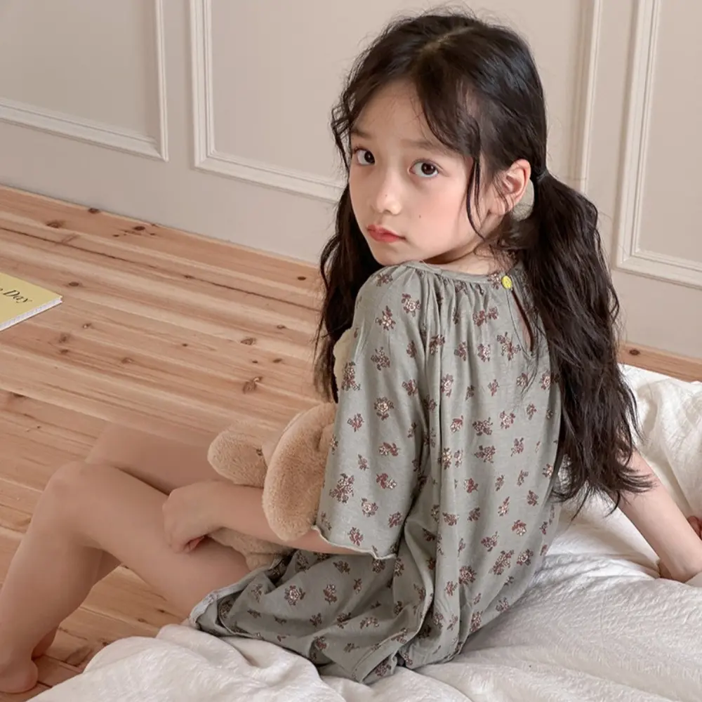 Bear Leader 7-13 Years Summer New Floral Short Sleeved Round Neck Top+Shorts Home Suit Korean Version Plain Color Girls Clothes