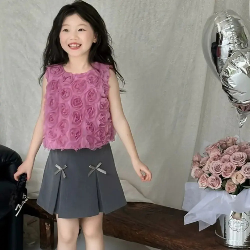 Bear Leader Summer New Girls Round Neck Sleeveless 3D Flower Bud Top+Bow Pleated Skirt 2-piece Set Korean Version Kids Clothes