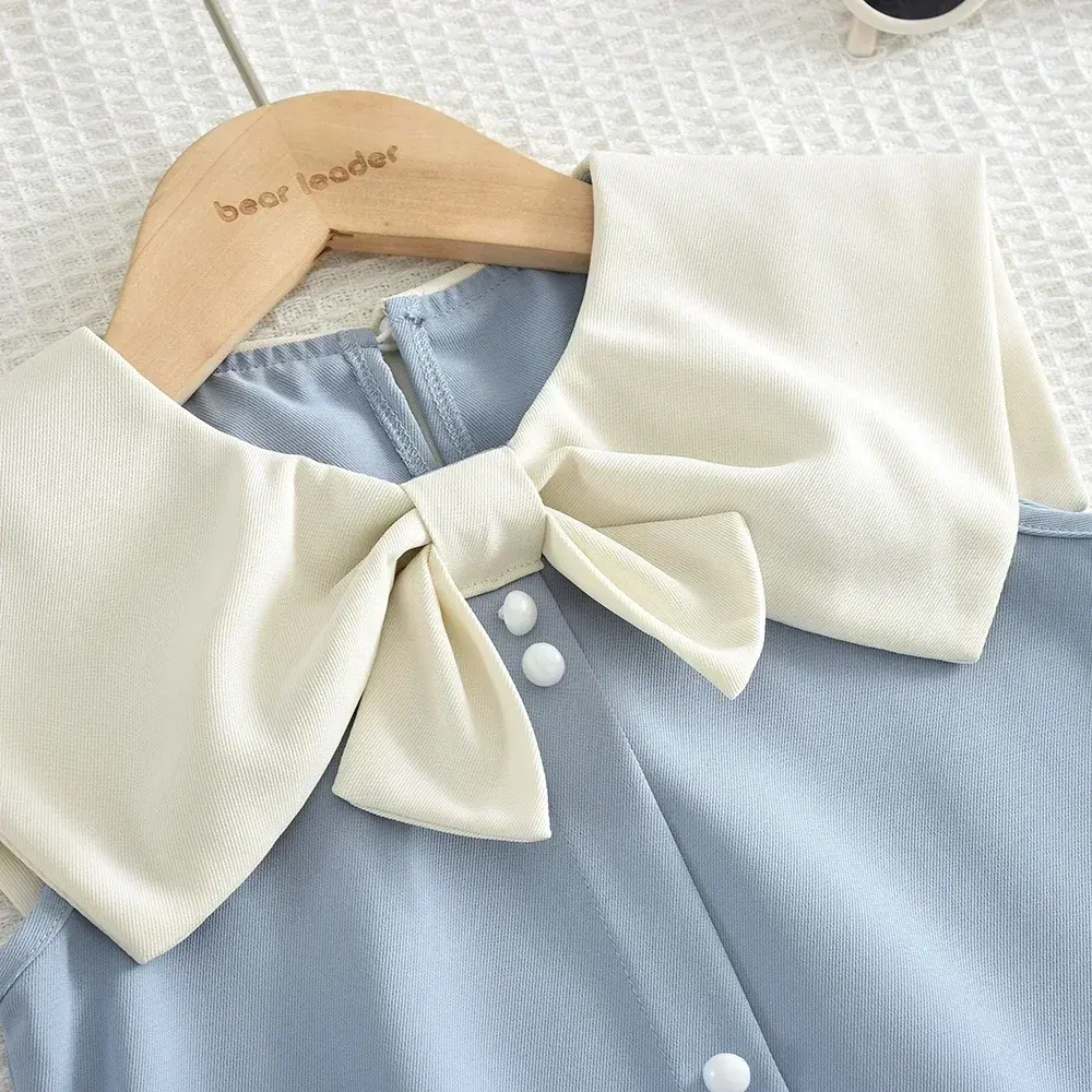 Bear Leader Summer Toddler Dress Fashion Elegant Pink Children's Wear Bow Collar Button Decoration Sleeveless Baby Girl Dresses