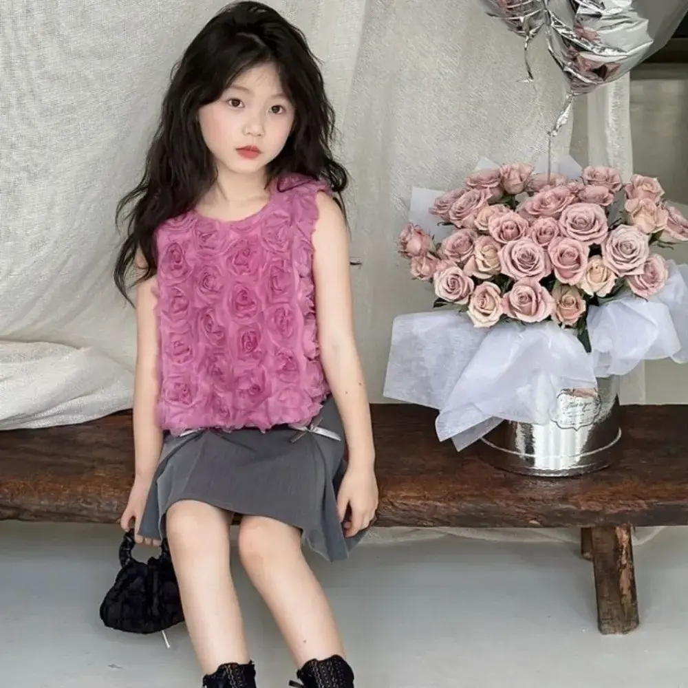 Bear Leader Summer New Girls Round Neck Sleeveless 3D Flower Bud Top+Bow Pleated Skirt 2-piece Set Korean Version Kids Clothes