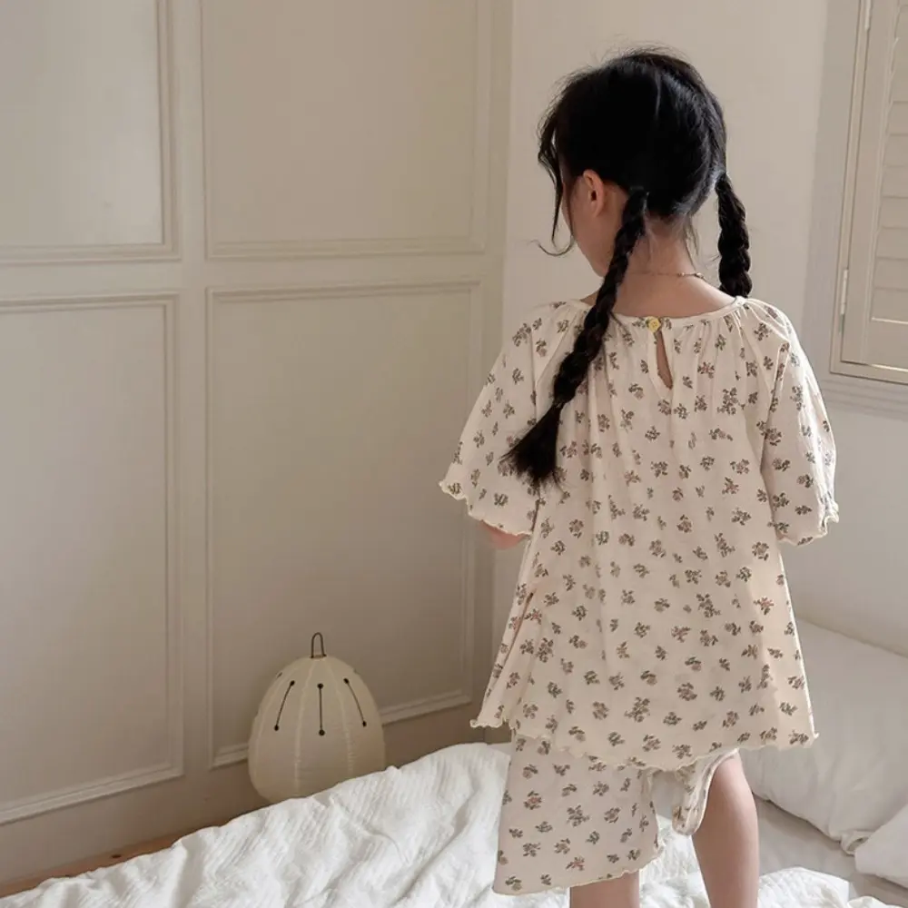 Bear Leader 7-13 Years Summer New Floral Short Sleeved Round Neck Top+Shorts Home Suit Korean Version Plain Color Girls Clothes