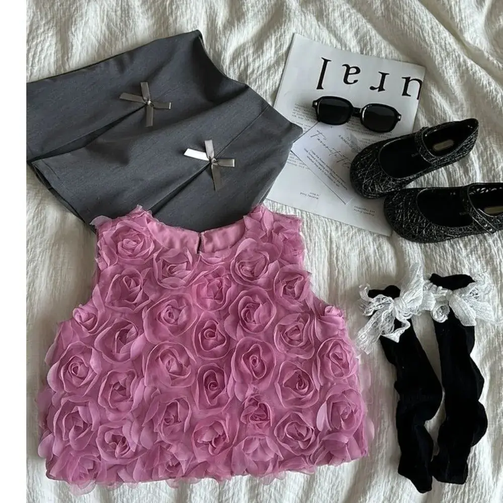 Bear Leader Summer New Girls Round Neck Sleeveless 3D Flower Bud Top+Bow Pleated Skirt 2-piece Set Korean Version Kids Clothes