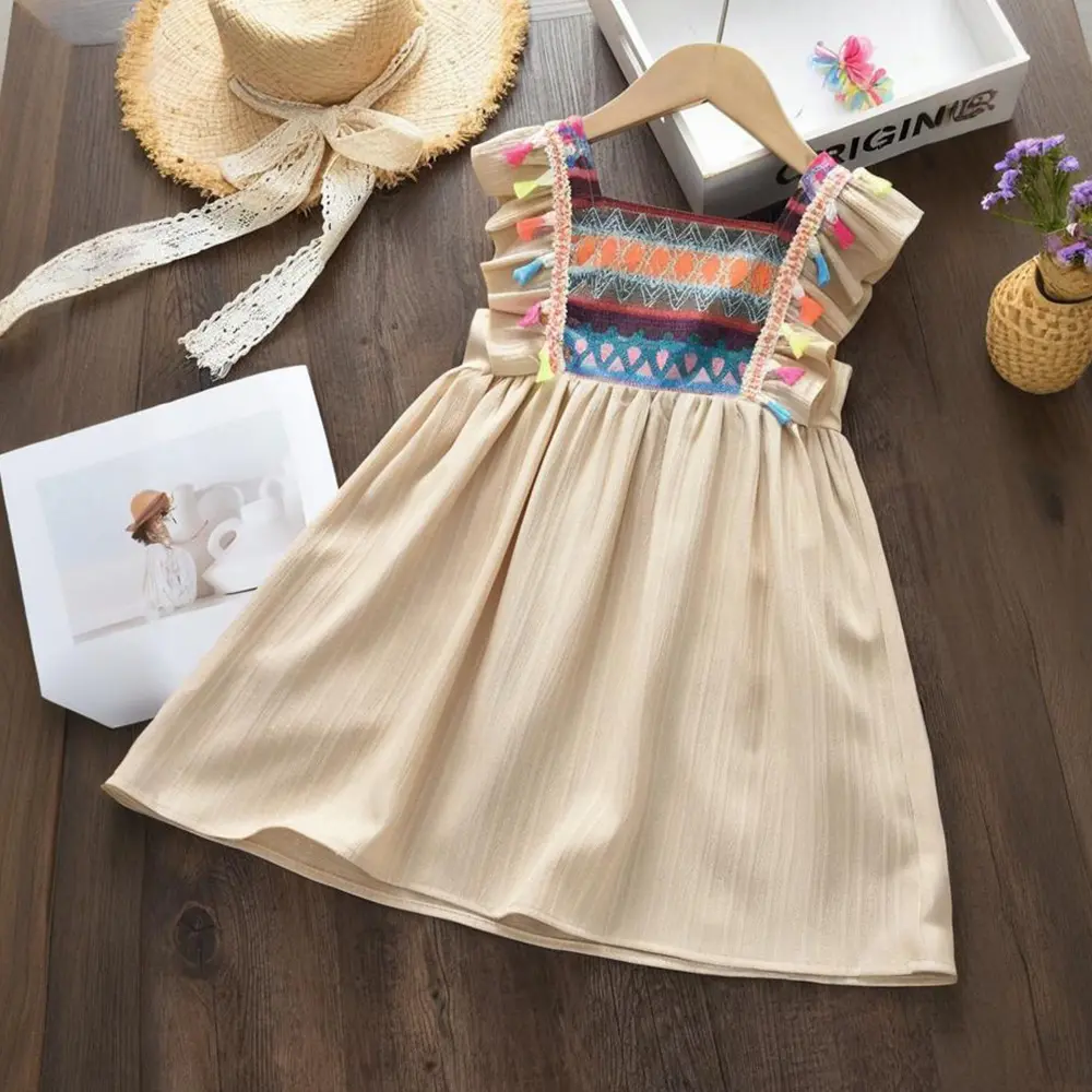 Bear Leader Khaki Girls Casual Dresses Fashionable Tassel Decoration Pocket Kids Dress Summer New Daily Children's Clothing