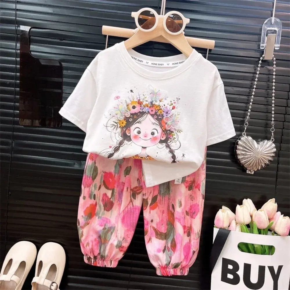 Bear Leader Summer Casual Girls' Set Cartoon Girl Printed Short Sleeve Top+Pink Flower Pants Basic Simple Children's Clothing