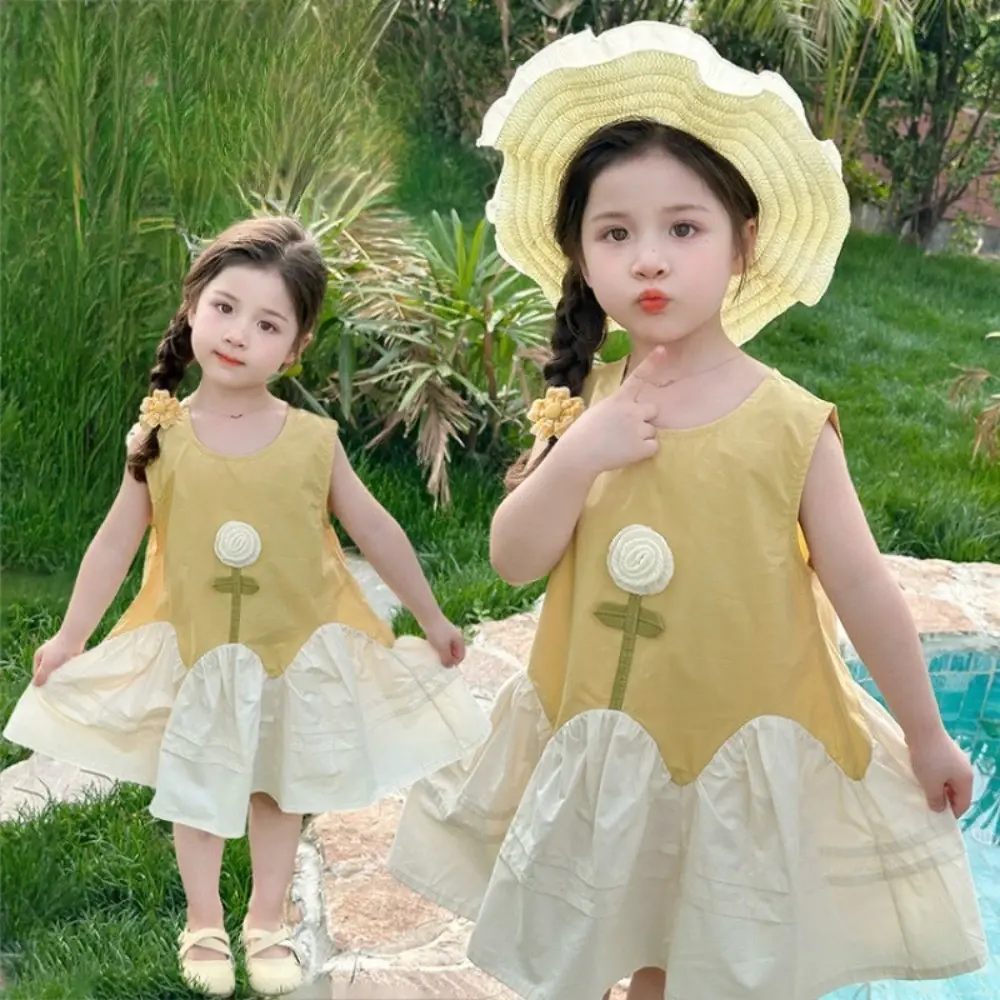Bear Leader Flower Girl Dress Summer Yellow Sleeveless 3D Flower Splicing Kids Casual Dresses Sweet and Cute Children's Clothing
