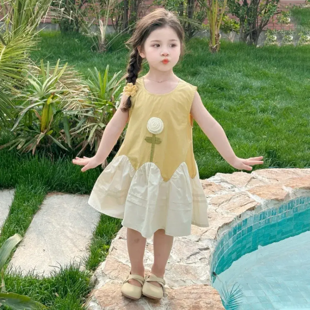 Bear Leader Flower Girl Dress Summer Yellow Sleeveless 3D Flower Splicing Kids Casual Dresses Sweet and Cute Children's Clothing